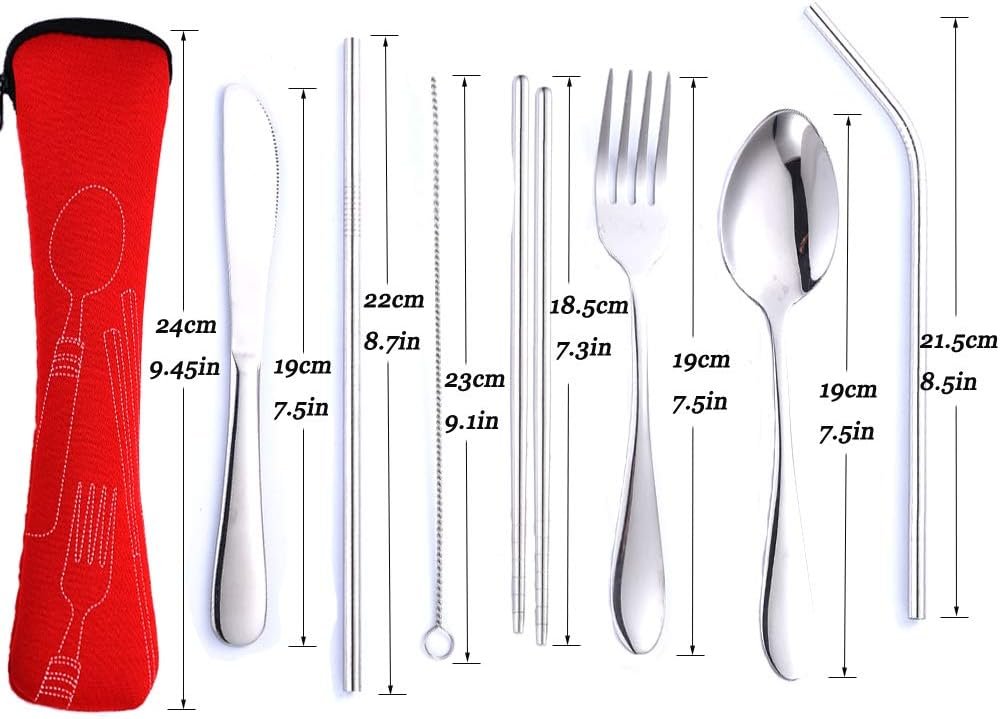 Travel Utensils with Case Reusable Silverware Portable Camping Utensils Cutlery Set 7pcs Lunch Utensil Kit Stainless Steel Flatware Set Including Knife Fork Spoon Chopsticks Straws Cleaning Brush