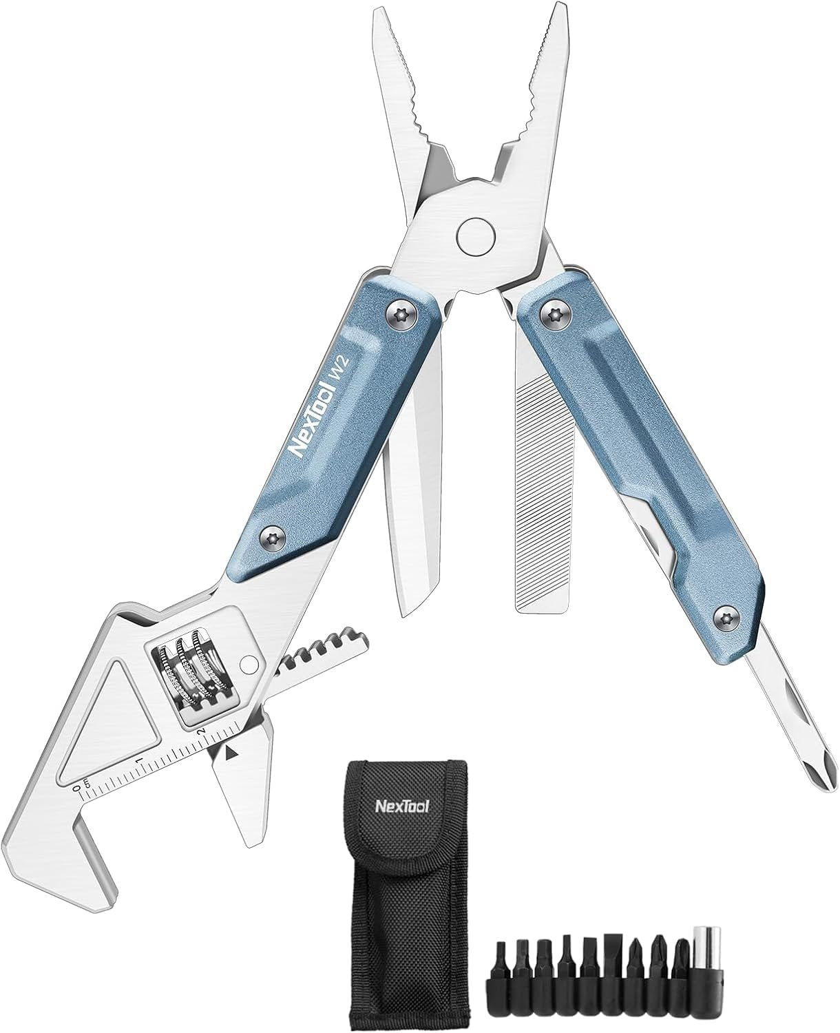 NexTool W2，8-in-1 Adjustable Multi-Wrench with Adjustable Wrench, Multi-Purpose Pliers, Small Folding Knife, Screwdriver, and File with 9-in-1 Bit Set for Outdoor Activities and Men's Gifts