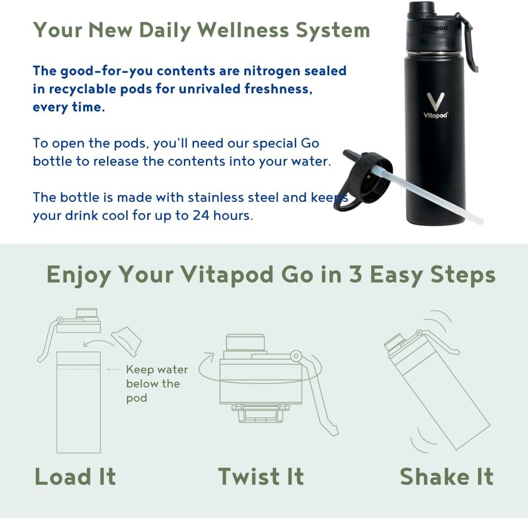 VERSAINSECT Cotton Candy Flavored Water Enhancer Pods Starter Bundle, Sugar Free, Vitamin C, Vitamin A, Vitamin D, Zinc, 30 Pods, 22 oz Stainless Steel Water Bottle, Black