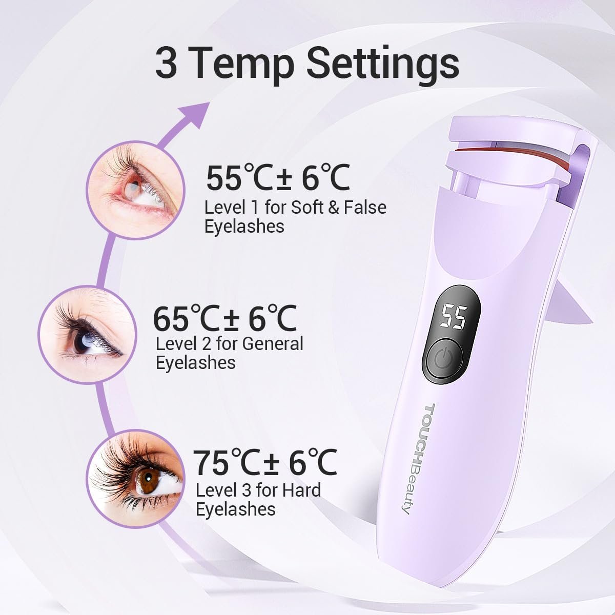 TOUCHBeauty Rechargeable Heated Eyelash Curler with LED Display, Featuring 3-Level Adjustable Temperature for a Natural, Long-Lasting Curl (Up to 24 Hours) AG-2316purple