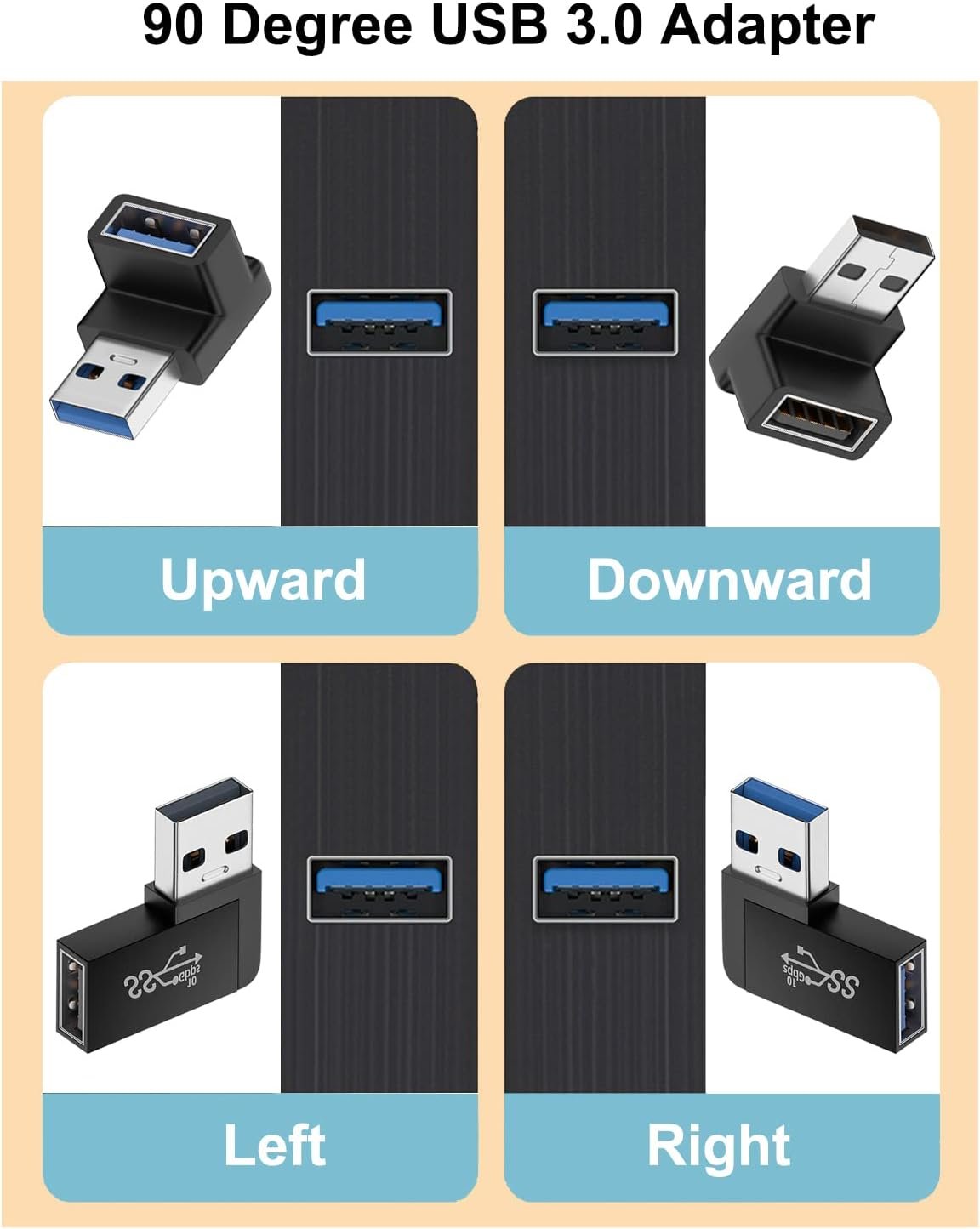 Jadebones 90 Degree USB 3.0 Adapter (4 Pack), Vertical Up and Down Angle, Horizontal Left and Right Angle USB Male to Female Extender Connector