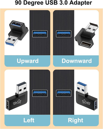 Jadebones 90 Degree USB 3.0 Adapter (4 Pack), Vertical Up and Down Angle, Horizontal Left and Right Angle USB Male to Female Extender Connector