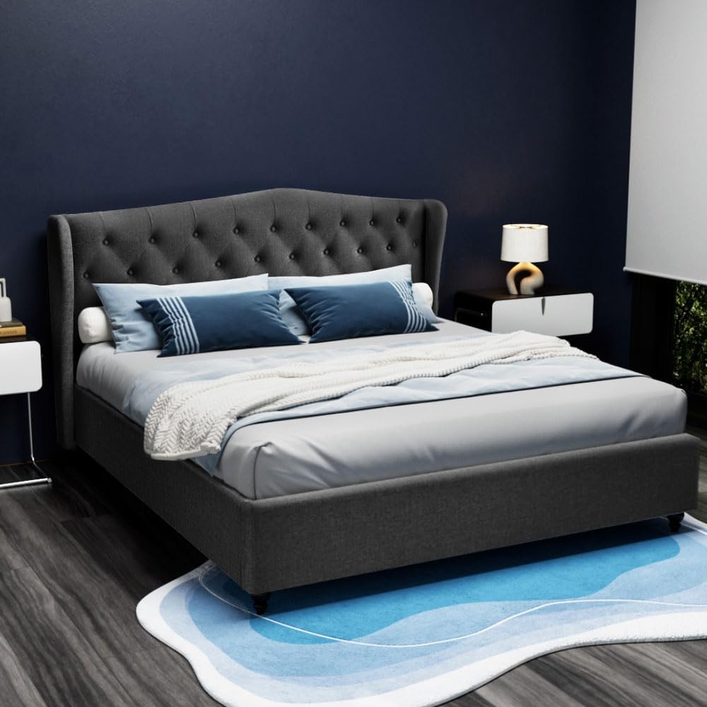 Artiss King Bed Frame Platform Wingback Headboard Frames Beds Base Bedroom Room Decor Home Furniture, Upholstered with Charcoal Faux Linen Fabric + Foam + Steel, Modern Design