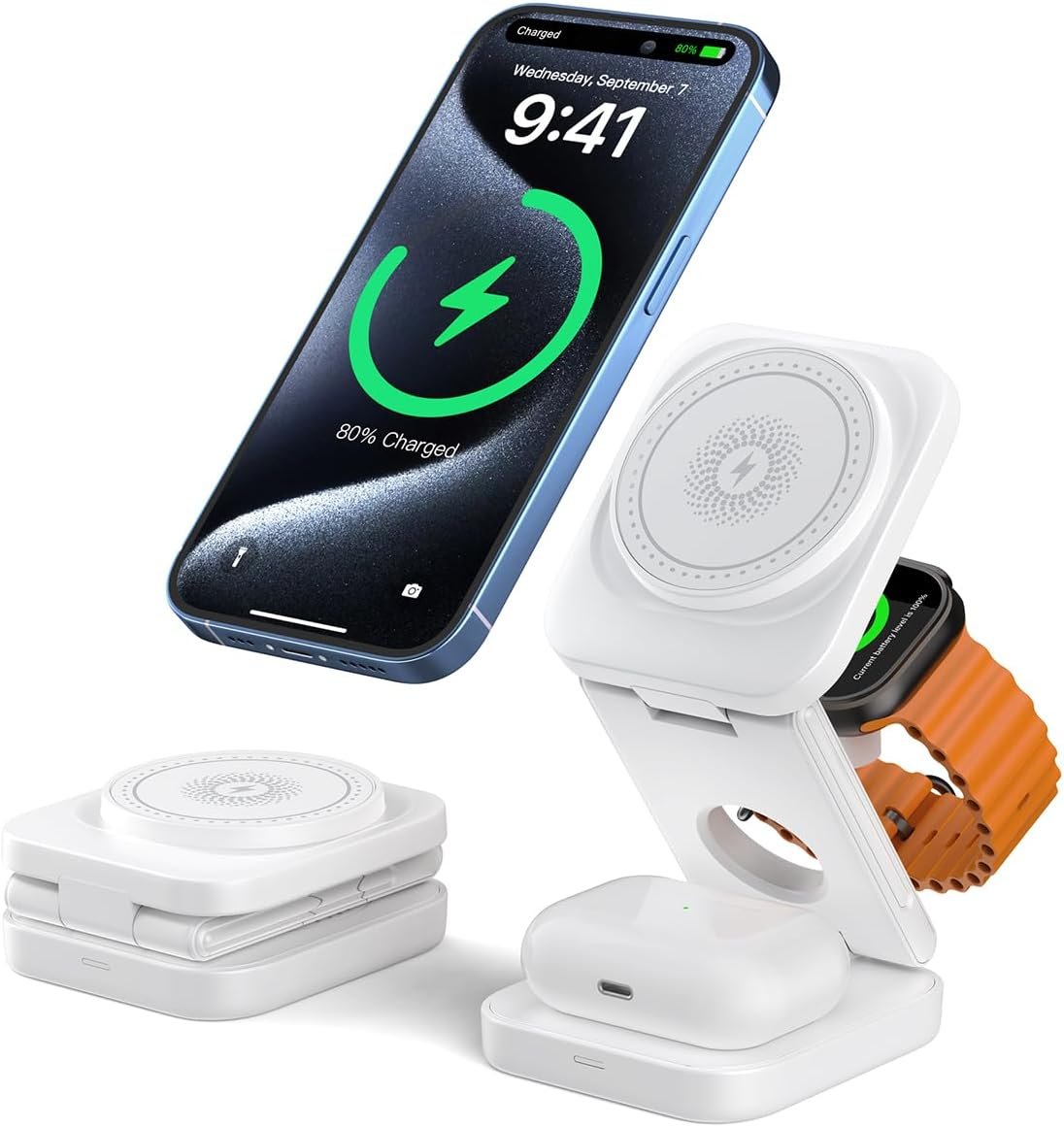 3 in 1 Wireless Charger,Magnetic Foldable Fast Wireless Charger Station Compatible with iPhone 15/14/13/12/Pro/Plus/Pro Max,5W for Apple Watch 9/8/7/6/5/4/3/2/SE/Ultra 2, AirPods 3/2/Pro (White)