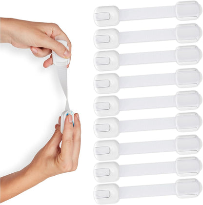 Child Safety Locks -VALUE PACK (10 Straps)- No Tools or Drilling -Adjustable Size/Flexible -Adhesive Furniture Latches For Cabinets, Drawers, Appliances, Toilet Seat, Fridge, Oven & More (White/White)