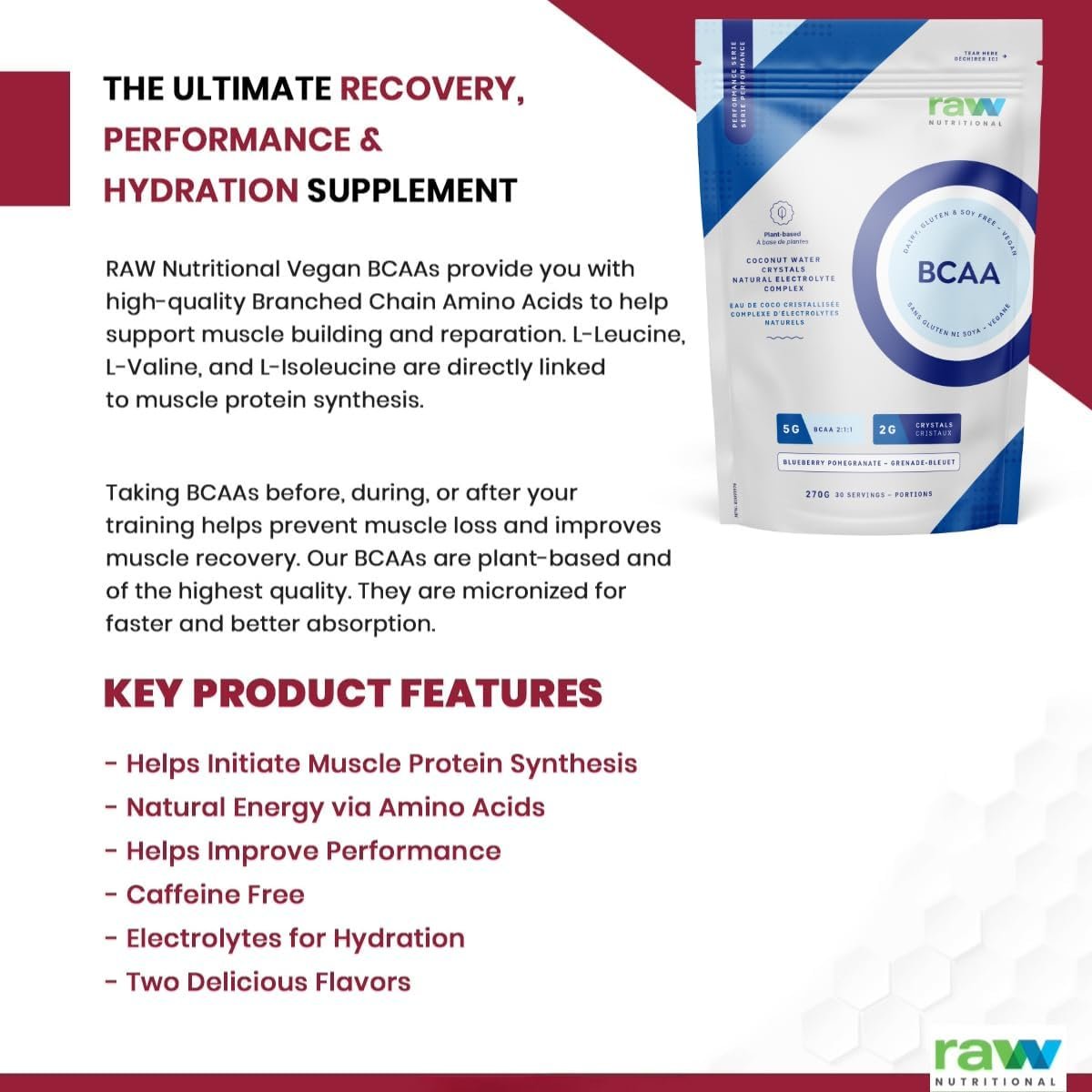 Raw Nutritional Vegan BCAA Powder | 5g 2:1:1 Ratio Amino Acids BCAAs, 2g Coconut Water Crystals | Post Workout Muscle Recovery & Electrolyte Support | 30 Servings (Pink Lemonade)