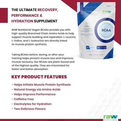 Raw Nutritional Vegan BCAA Powder | 5g 2:1:1 Ratio Amino Acids BCAAs, 2g Coconut Water Crystals | Post Workout Muscle Recovery & Electrolyte Support | 30 Servings (Pink Lemonade)
