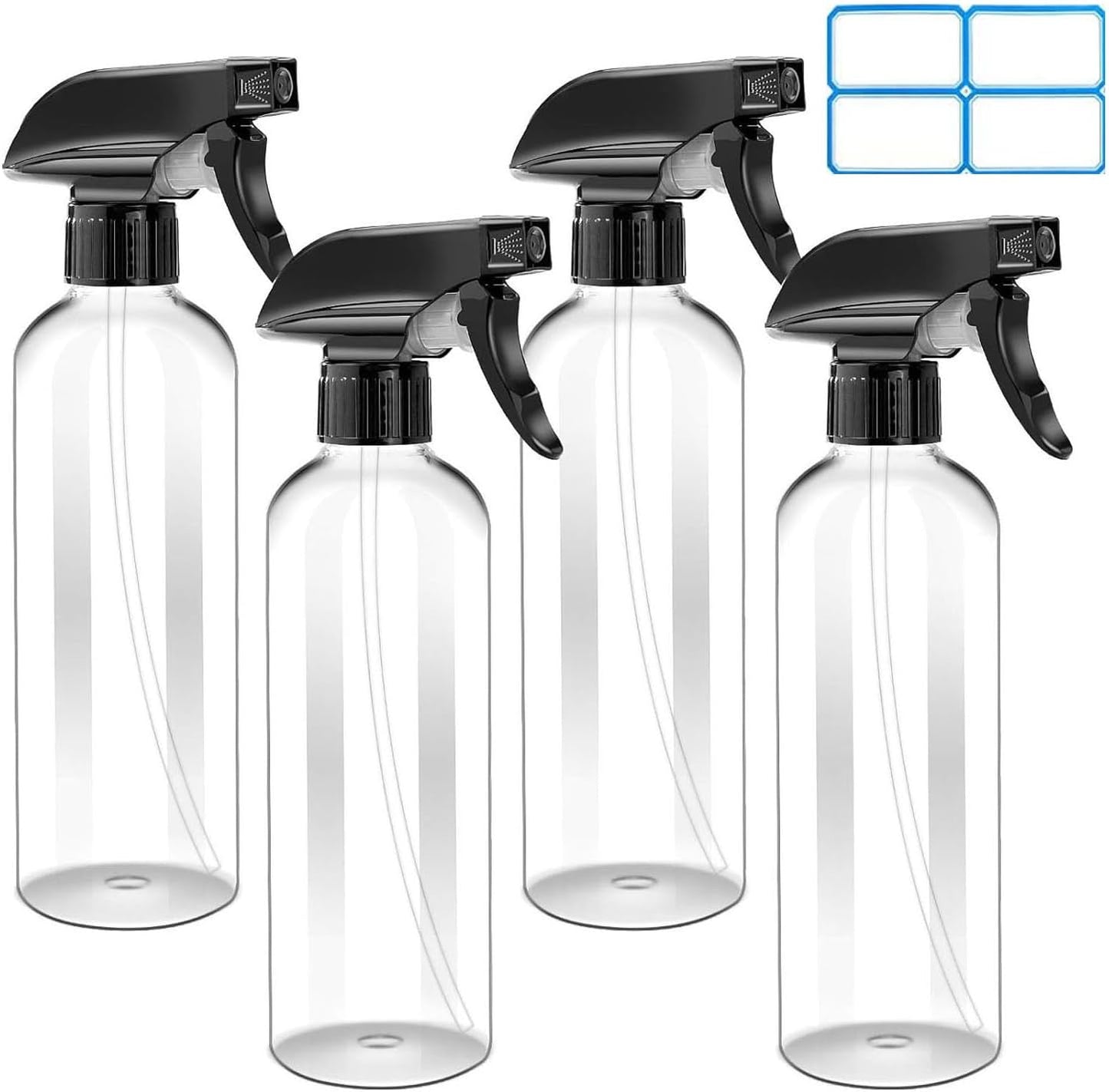 4 Pack 16oz Plastic Spray Bottle, Empty Spray Bottles Clear and Refillable Container with Labels & Adjustable Nozzle for Water, Essential Oils, Hair, Cleaning Products, Plants, Pet, BBQ