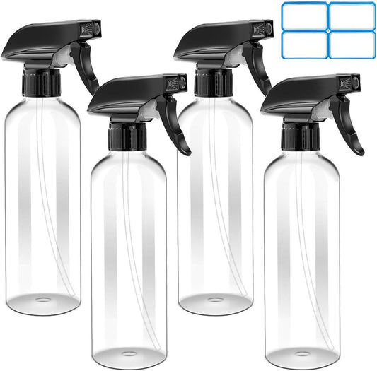 4 Pack 16oz Plastic Spray Bottle, Empty Spray Bottles Clear and Refillable Container with Labels & Adjustable Nozzle for Water, Essential Oils, Hair, Cleaning Products, Plants, Pet, BBQ