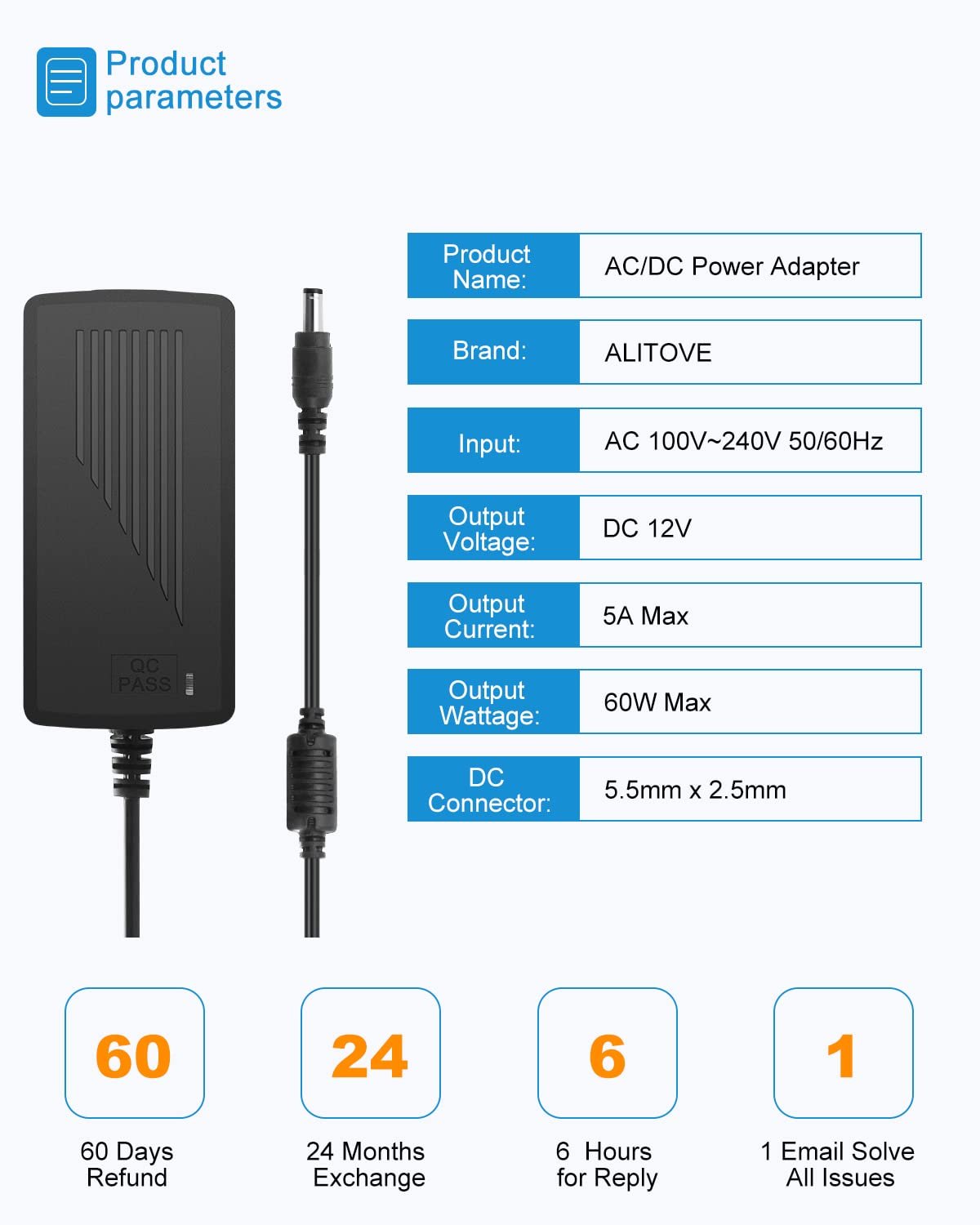 ALITOVE 12V Power Supply 5A 12 Volt DC 60W Power Adapter 100~240V AC to DC 12V Converter 5amps 4A 3A Low Voltage Transformer LED Driver with 5.5 x 2.5mm 2.1mm Plug for LED Light CCTV Camera, 2pack