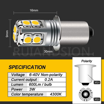 Ruiandsion Upgrade LED Flashlight Bulb 6-40 Volt P13.5S Base LED Bulb Warm White 4300K 6V 9V 12V 18V 19.2V 24V Replacement for Flashlight Torch Lantern Work Lights,Non-Polarity