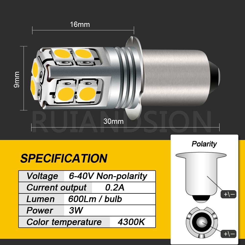 Ruiandsion P13.5S LED Bulb 6-40V 4300K Warm White 6V 9V 12V 18V 19.2V 24V Replacement for Torch, Lantern, Work Light, Non-Polarity