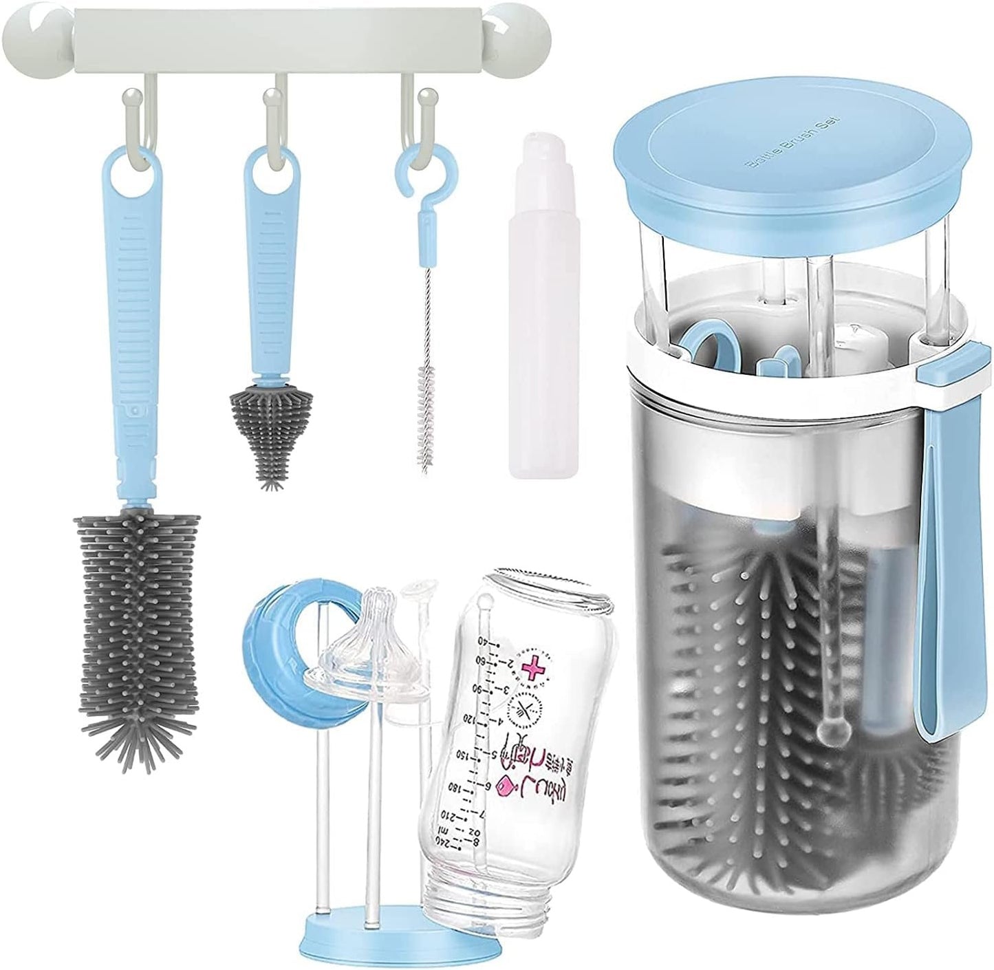 Portable Baby Bottle Brush Travel Set Cleaner, Travel Bottle Cleaning Kit Baby Essentials Newborn Silicone Nipples Cleaning Brushes and Portable Baby Bottle Drying Rack Set Mini Washing Kit Cleaner