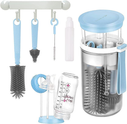 Portable Baby Bottle Brush Travel Set Cleaner, Travel Bottle Cleaning Kit Baby Essentials Newborn Silicone Nipples Cleaning Brushes and Portable Baby Bottle Drying Rack Set Mini Washing Kit Cleaner