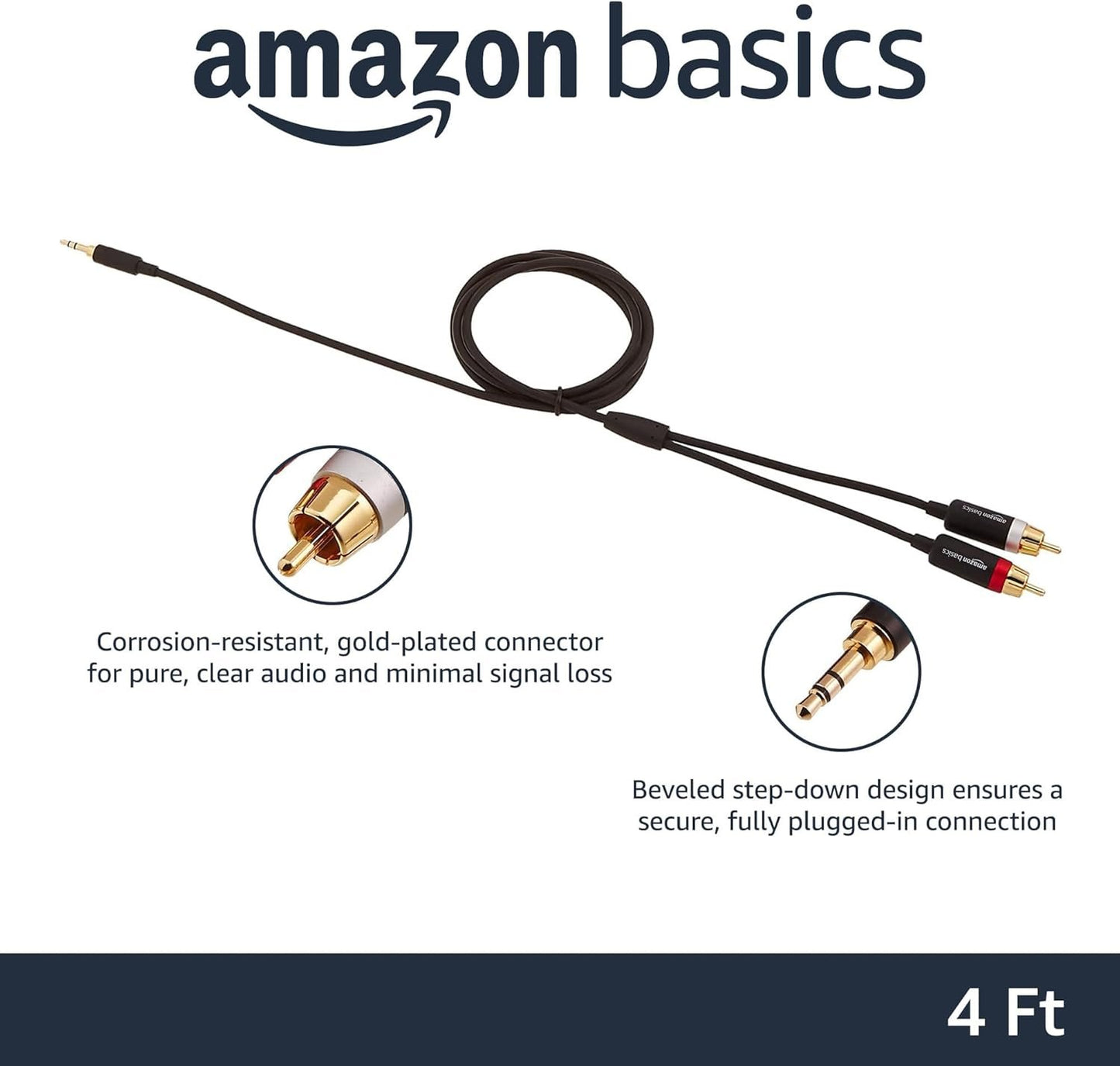 Amazon Basics 3.5mm Stereo Aux to 2 x RCA Audio Cable Adapters, 4 Feet/1.2 m, for Connecting Amplifiers, Speakers, with Gold-Plated Plugs, Black