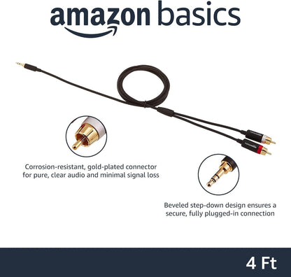 Amazon Basics 3.5mm Stereo Aux to 2 x RCA Audio Cable Adapters, 4 Feet/1.2 m, for Connecting Amplifiers, Speakers, with Gold-Plated Plugs, Black