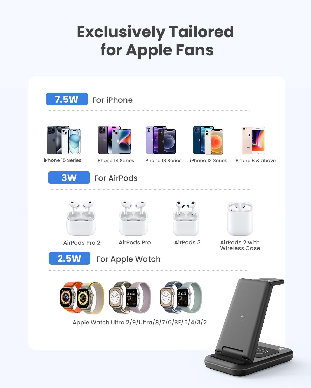 GEEKERA 3 in 1 Wireless Charging Station, Foldable Wireless Charger Stand for Multiple Apple Devices for iPhone 16 15 14 13 12 11 Pro Max Plus XR X, Apple Watch Ultra/9/SE/8/7/6/5/4/3/2, AirPods Pro/3