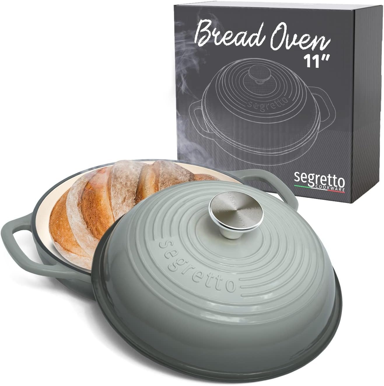 Segretto Cookware Enameled Cast Iron Bread Pan with Lid, 11” Grigio Scuro (Gray) Bread Oven Cast Iron Sourdough Baking Pan, Dutch Oven for Bread