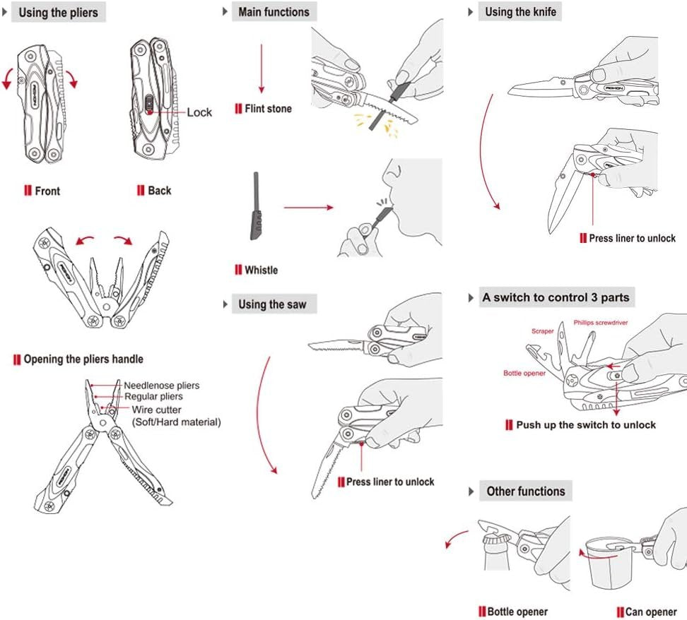ROXON CM1349 Spark Survival Multitool Plier, 14-in-1 Multitools Folding Plier, Multipurpose Outdoor Survival Portable Multi Tool Set