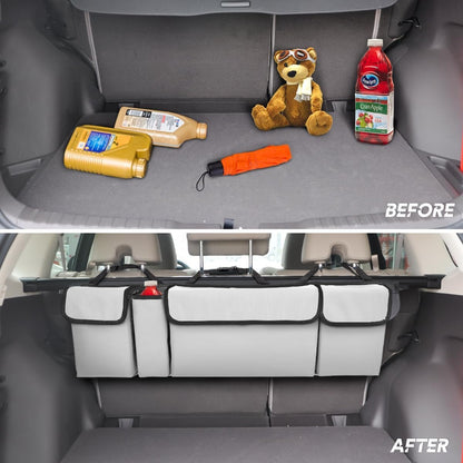 XINLIYA Car Trunk Organizer, Auto Waterproof Sturdy Backseat Hanging Large Storage Collapsible Cargo Bag with Anti-Slip Adjustable Strip&4 Pockets, Car Interior Accessories for Man Woman（White/Gray）