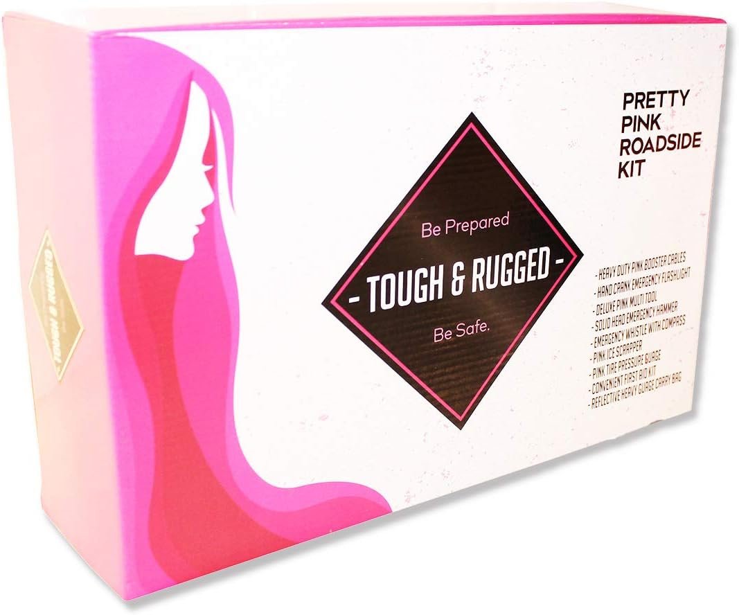 Pretty Pink Roadside Emergency Kit for Teen Girls and Women - Car Accessories With Jumper Cables, First Aid Kit, Tools, Durable Carry Bag - 5 Year Warranty