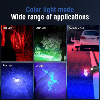 Boruit ET28 Rechargeable Flashlight Powerful with Red Green Blue UV Light - Tactical Hunting Blood Tracking Multicolor Flashlights, RGB LED USB Flash Light Clip on Pocket
