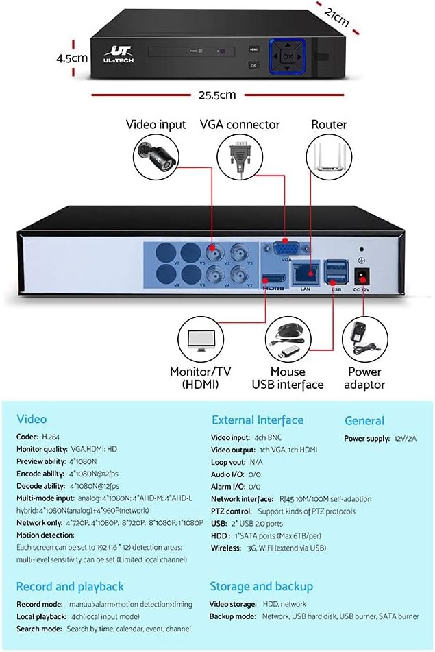Ul-Tech Security Camera, Set of 4 1080P HD Channel Spy Surveillance Pet Cameras Hidden CCTV Monitor Home Safe Outdoor Indoor System, 5 in 1 DVR Remote with USB Mouse Support Capture Record Black