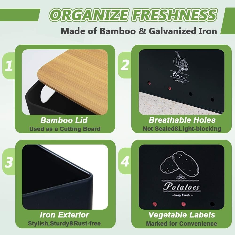 8PCS Kitchen Vegetable Storage Containers,Potato and Onion Garlic Storage Bin with Peeler,Slicer,Masher,Garlic Press & Cloth, Carbon Steel Potato Storage Box with Airflow & Wooden Lid (Black)