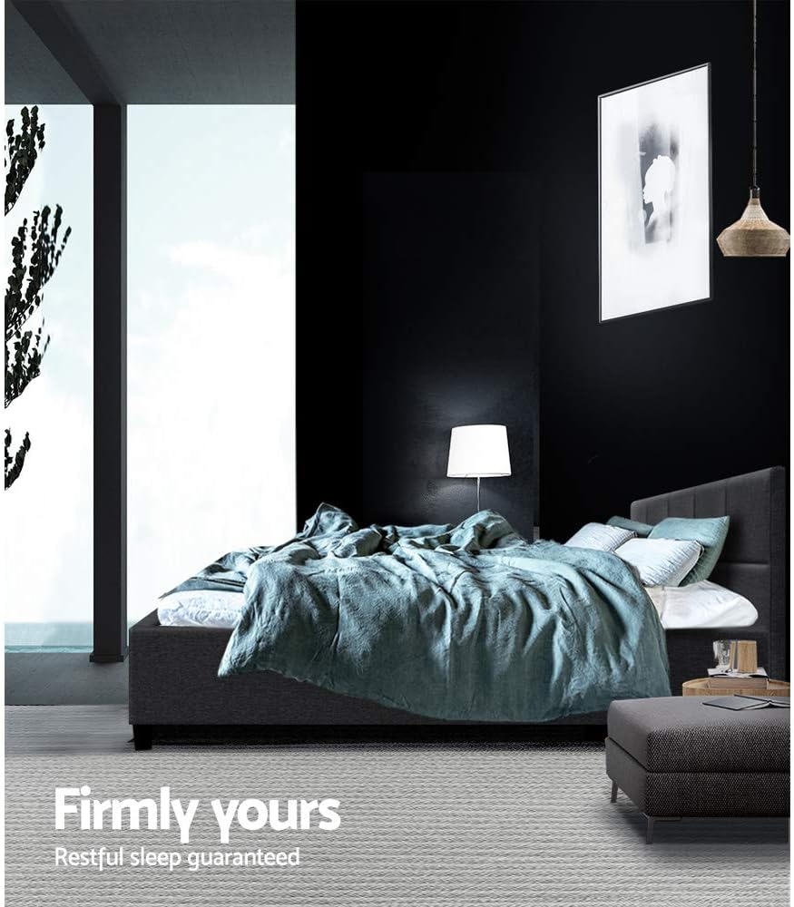 Artiss Double Bed Frame Platform Checkered Headboard Wooden Beds Base Frames Bedroom Room Decor Home Furniture, Upholstered with Charcoal Faux Linen Fabric + Foam + Wood, Modern Design