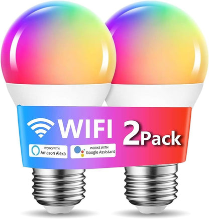 A19 Smart LED Bulbs 2-Pack, E27 800LM (60W Equivalent) RGBCW Wi-Fi & Bluetooth LED Bulbs, No Hub, Alexa & Google Compatible, App Control & Scheduling