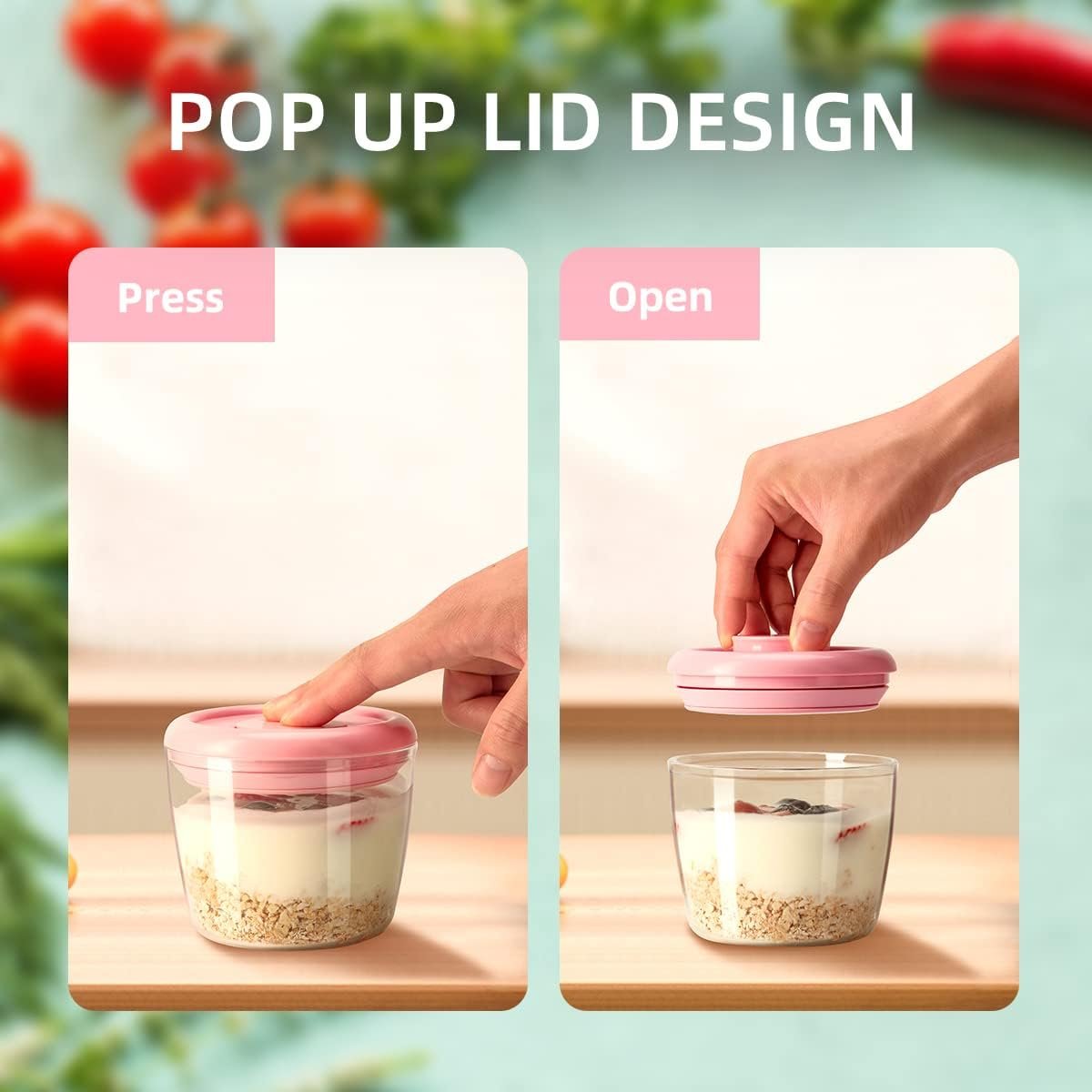 Ankou Meal Prep Container,14oz 400ml Set of 4 Overnight Oats Containers with Lids,Airtight Leakproof Pop Top Lid Bowl for Leftovers,Glass-like Clarity Tritan Material Food Storage 400ml*4 Pink