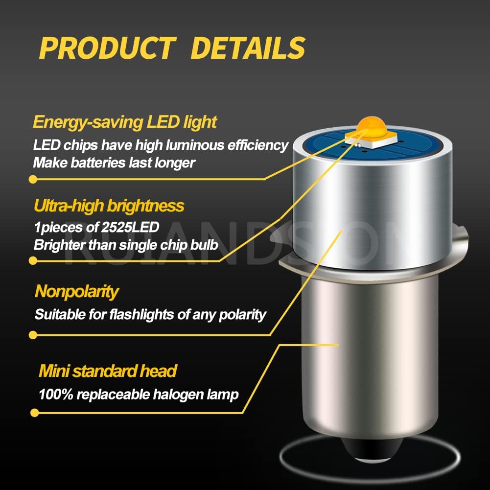 Ruiandsion - 10pcs P13.5S 6-24V 2525 3W 3000K Warm White LED Replacement Bulbs for DeWalt Tooling Torch Maglite Work Lantern Replacement Bulbs, Non-Polarity