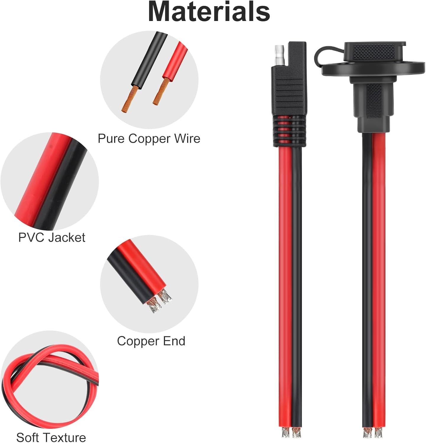 Linkstyle 4PCS 10AWG SAE to SAE Extension Cables, 1FT Solar Panel Battery Charger Power Socket Extension Cables with Ring Terminals