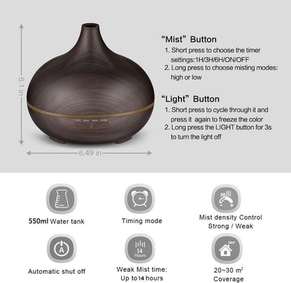 550ml Essential Oil Diffuser with Remote Control, 3 Timer Settings, Black