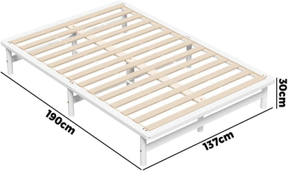 Oikiture Double Bed Frame, Wooden Bed Frame with Solid Pine Timber Platform Wooden Beds Base, White