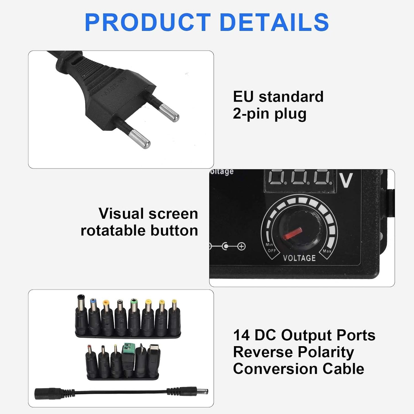 Adjustable Power Adapter 3V-24V 5A 120W, Universal AC/DC 100V-240V AC to DC Adapter with 14 Tips and Polarity Converter for Home Electronics and USB Devices – 3A Max