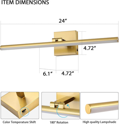 BrkNit 24 Inch LED Bathroom Vanity Light (3000K/4000K/6000K, Dimmable), Brass Modern Bathroom Light Fixture Over Mirror, Vanity Light Bar for Bathroom with Angle Adjustable