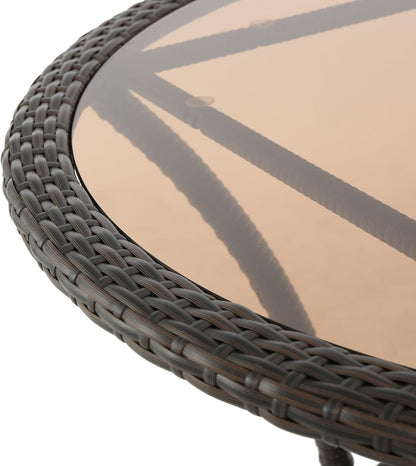 Round Patio Table,Wicker Rattan Table with Glass Tabletop,Outdoor Dining Table with Umbrella Hole for Garden,Balcony,Antique Brown
