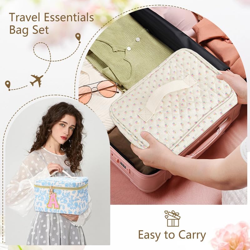 3 PCS Travel Makeup Bag Set, A-Z Initials Cotton Make up Bag Floral Quilted Cosmetic Bag for Girls and Women, Personalized Cute Toiletry Bag Travel Accessories Brushes Bag Yellow - A