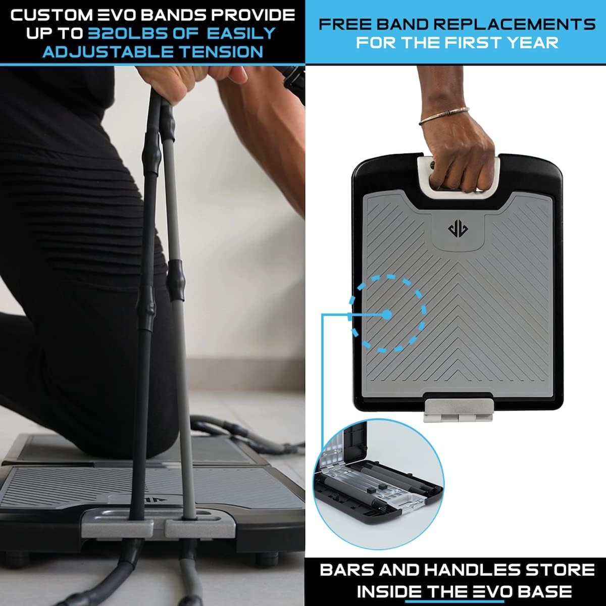 EVO Gym - Portable Home Gym Strength Training Equipment, at Home Gym | All in One Gym - Resistance Bands, Base Holds Gym Bar & Handles for Travel | Portable Gym & Home Exercise Equipment