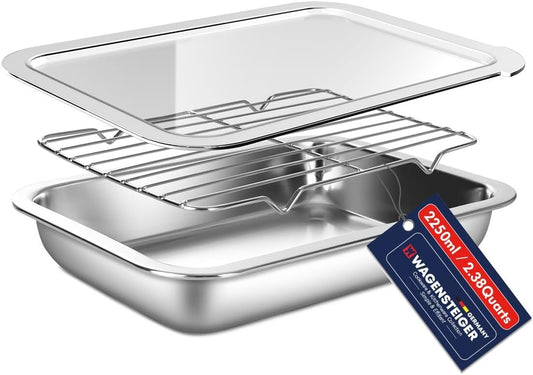 WAGENSTEIGER Stainless Steel Food Prep Container Set with Rack & Transparent Lid, Catering & Buffet Party Pans, Hotel Pans, Food Storage (10.63 x 7.87 x 2 inches / 2.38Quarts)