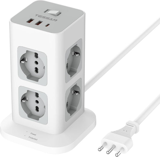 TESSAN Girgio Power Strip with USB 20 W, Electric Power Strip with 8 IT 16A Sockets, Overvoltage Protection Power Strip with Switch and 2 Metres Electrical Extension, 3680 W Socket, Girgio