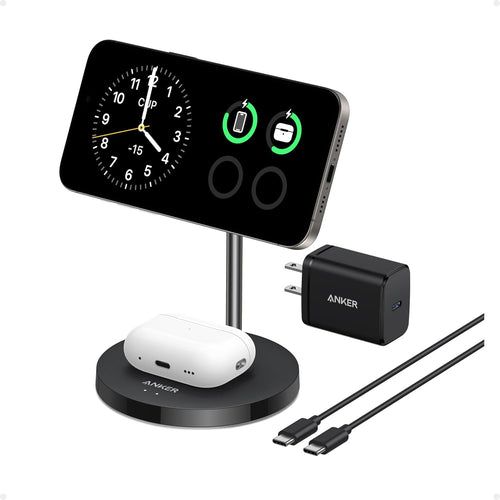 Anker MagSafe Compatible MagGo Charger Stand, iPhone 16 Wireless Charger, 2-in-1 Charging Station, Qi2 Certified 15W Max Charging, for iPhone 16/15/14/13/12, AirPods Pro (40W USB-C Adapter Included)
