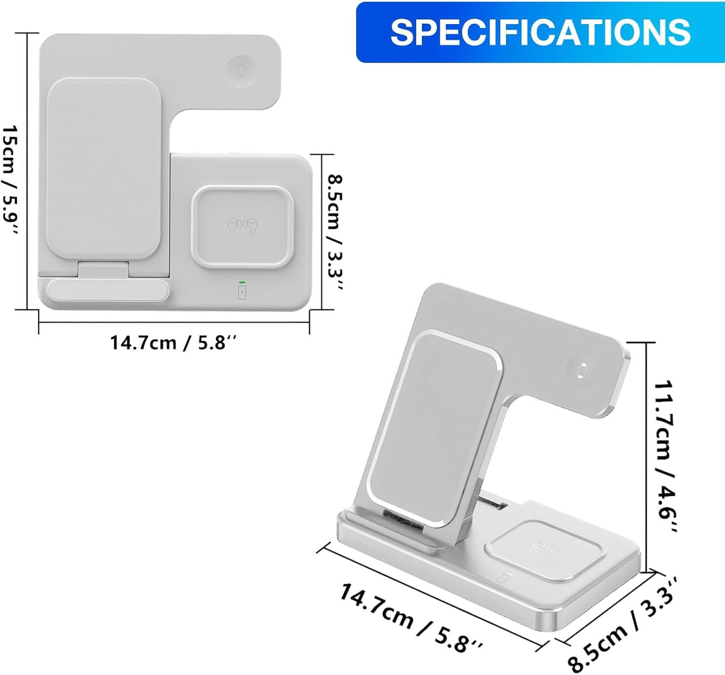3 in 1 Wireless Charger Station Compatible with Apple Phones, iWatch, Airpods, 15W Portable Wireless Charger Stand with Adapter, White