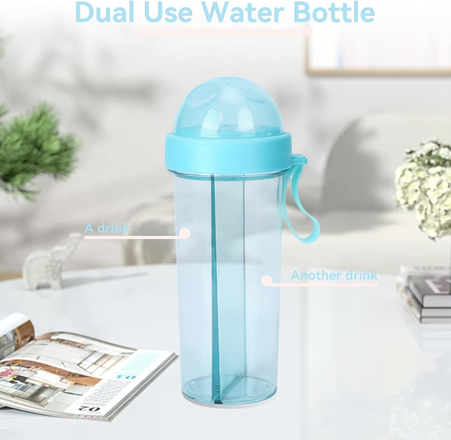 Creative Water Cup, 600ml 2 Drinks in 1 Cup Two Straws Dual Use Couple Water Bottle Travel Dual Use Drinking Bottle Straw Cup for Sport, Camping, Home, Outdoor