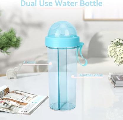 Creative Water Cup, 600ml 2 Drinks in 1 Cup Two Straws Dual Use Couple Water Bottle Travel Dual Use Drinking Bottle Straw Cup for Sport, Camping, Home, Outdoor
