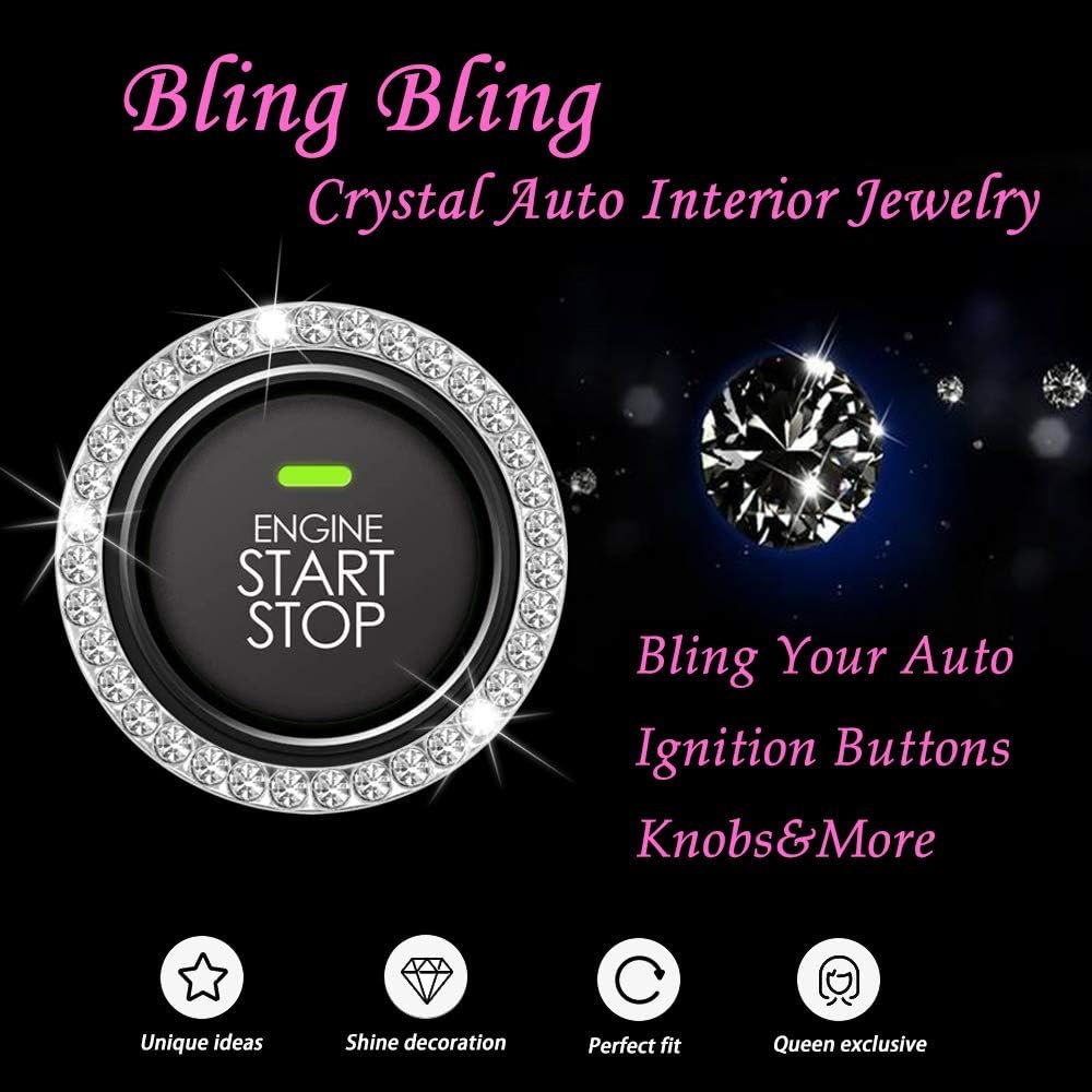 Anourney Silver Bling Crystal Rhinestone Car Decal, Emblem Sticker, Girly Car Interior Accessory Decoration for Push to Start Button Cover, AC Control Knob, Car Shift Cover