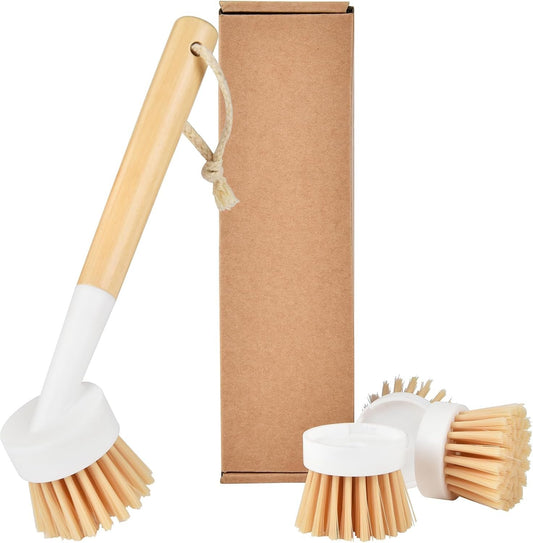 NINU Dish Brush with Handle with 3 Replacement Heads, Eco Brosse Vaisselle, Dish Scrub Brush, Dish Scrubber Brush, Vegetable Brush, Wok Brush for Cleaning Kitchen Utensils