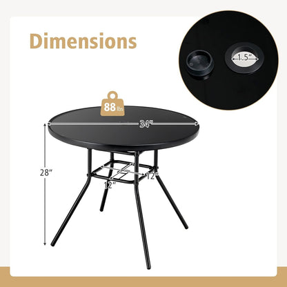 HAPPYGRILL 34" Outdoor Bistro Table, Patio Dining Table with 1.5” Umbrella Hole, Silkscreen Glass Tabletop, Metal Frame, Round Side Table Conversation Coffee Table for Patio Garden Backyard Poolside