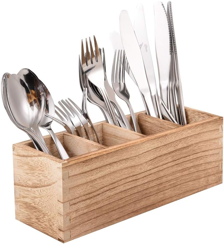Kitchen Cutlery Holder with 4 Compartments, Wood Utensil Organizer Stand, Silverware Storage Kitchen Flatware Caddy for countertop